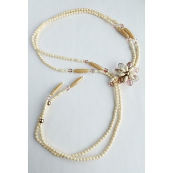 VINTAGE 70s Lariat long necklace of pearly beads in cream and rose - Picture 2 of 9